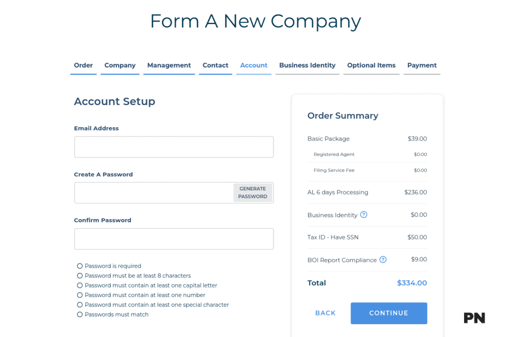 Northwest LLC Formation Account tab