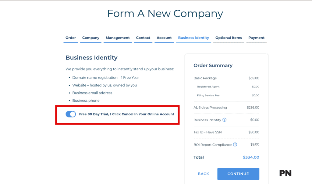 Northwest LLC Formation Business Identity tab
