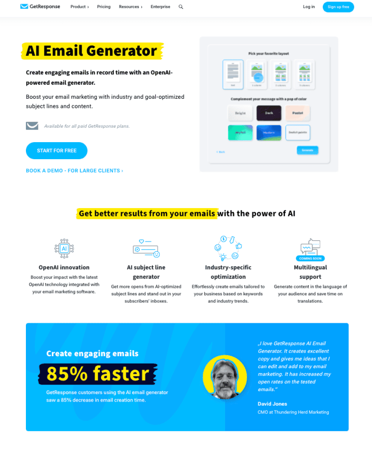 GetResponse AI Email Generator page
