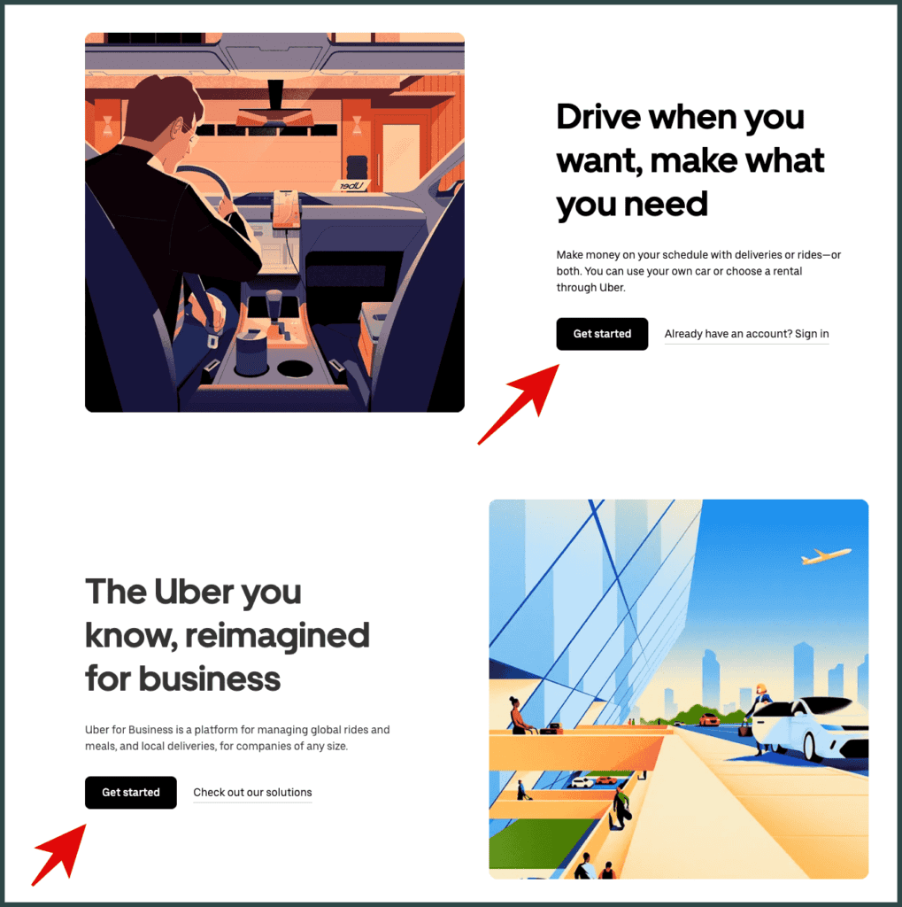 Uber landing page website deisgn example