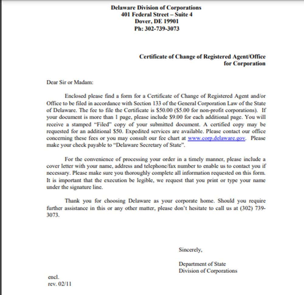 Delaware Certificate of Change of Registered Agent