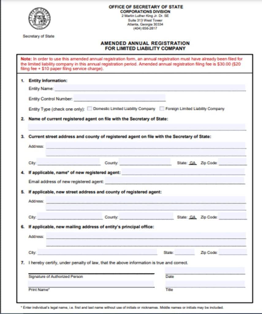 Georgia Amended Annual Registration Form