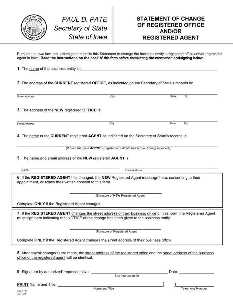 Iowa Statement of Change of Registered Office or Registered Agent