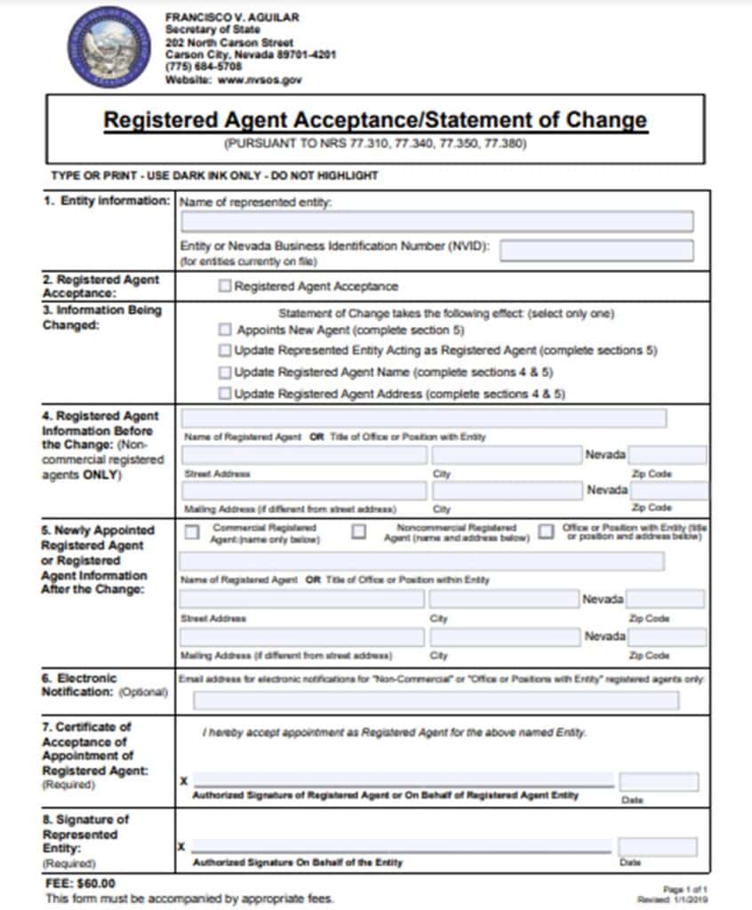 Nevada Statement of Change for Registered Agents