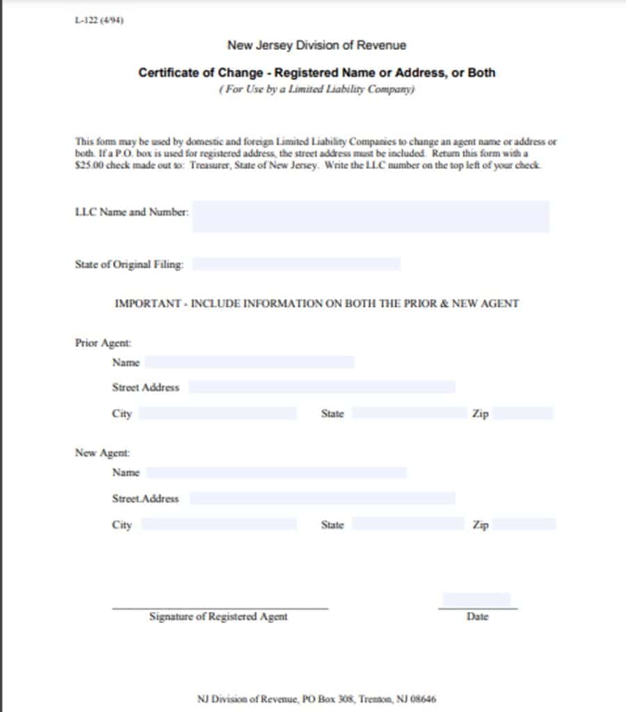 New Jersey Certificate of change-registered name or address