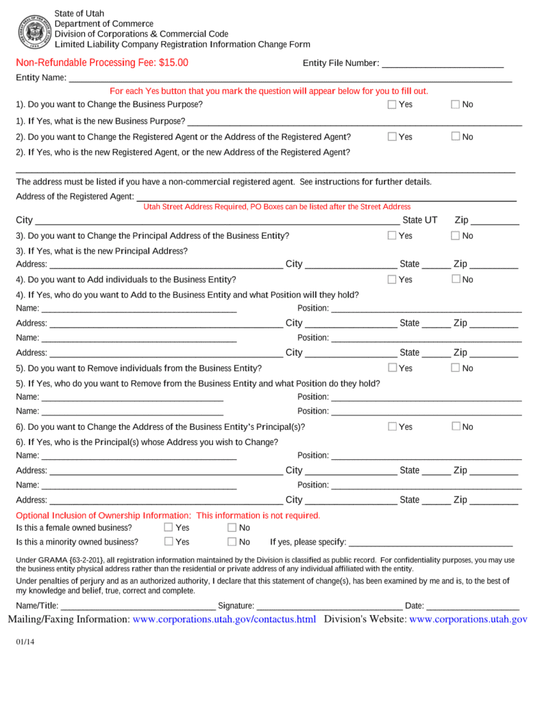 Utah Limited Liability Company Registration Information Change Form