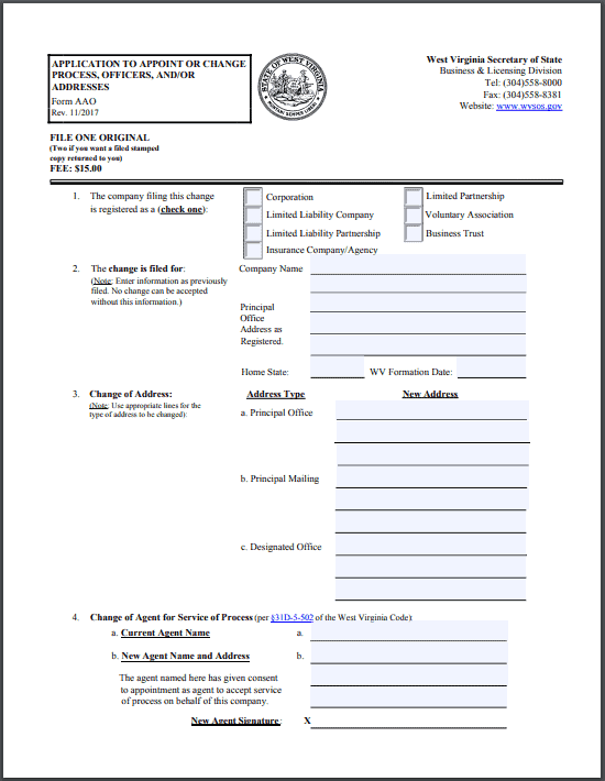 West Virginia Application to Appoint or Change Process, Officers or Addresses