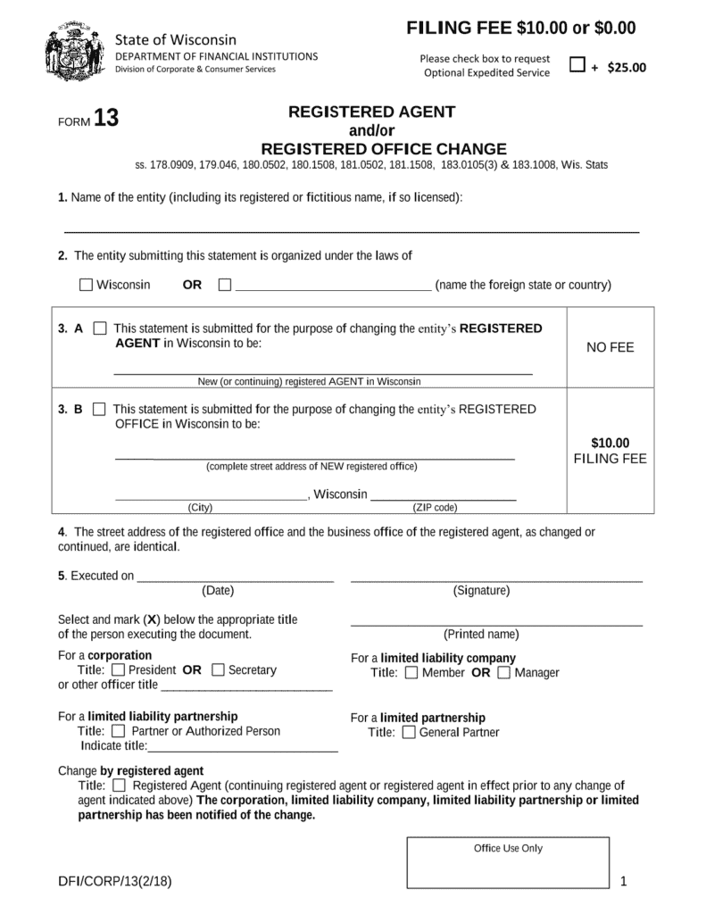 Wisconsin Change of Registered Agent form