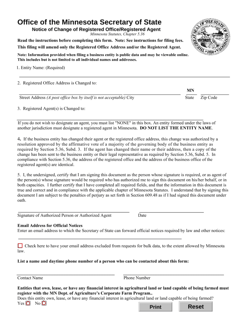 Minnesota Notice of Change of Registered Office or Registered Agent