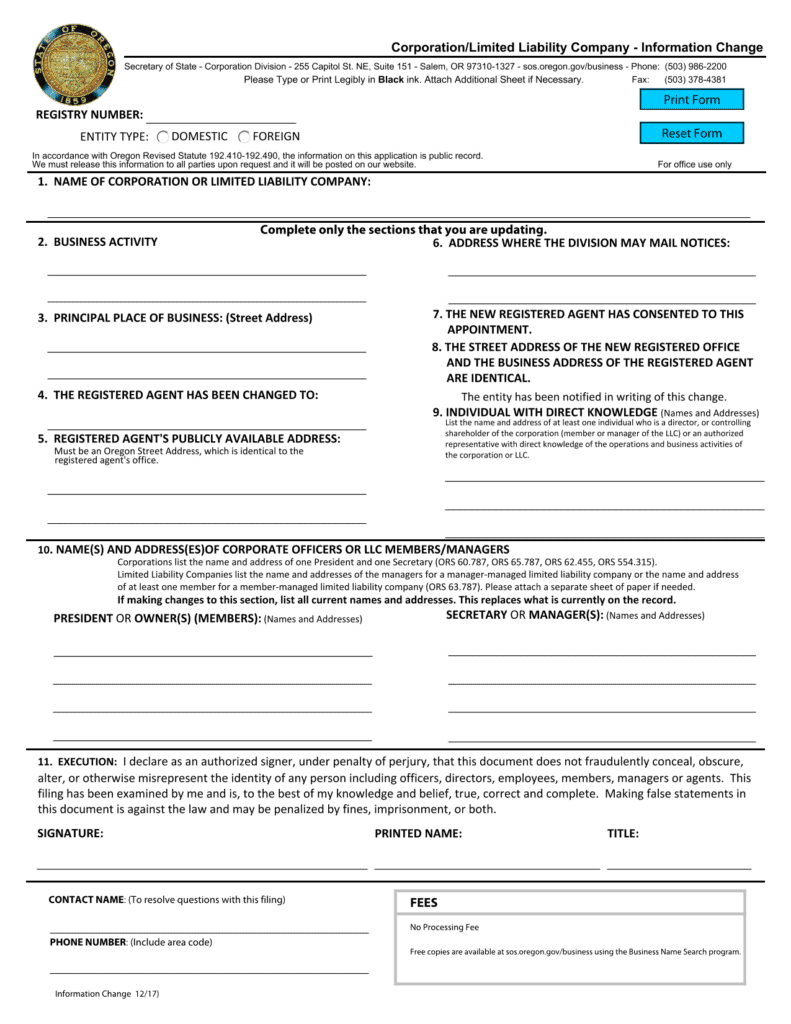 Oregon Change of Registered Agent/Address-Corporations/LLC form